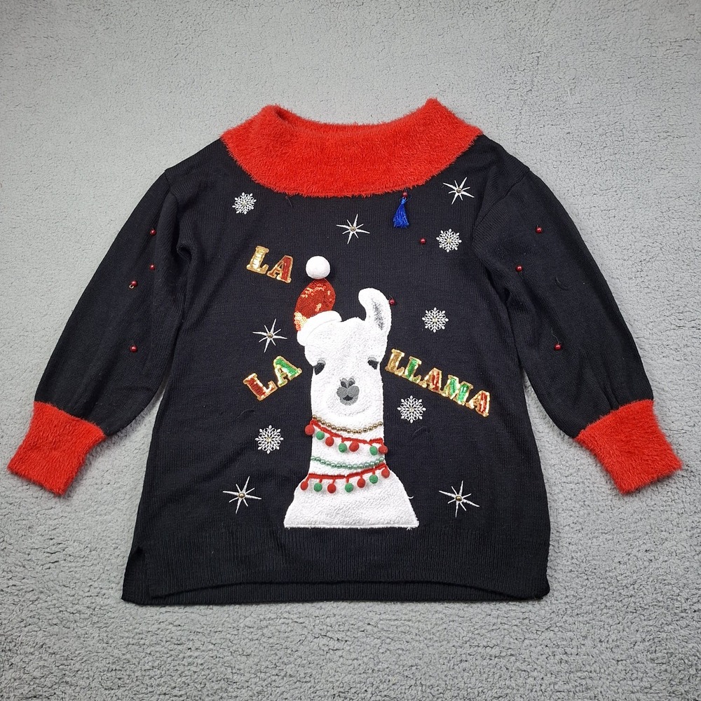 Ugly Christmas Sweater La La Llama Women XL Holiday Party Wear BEADS EMBROIDERED